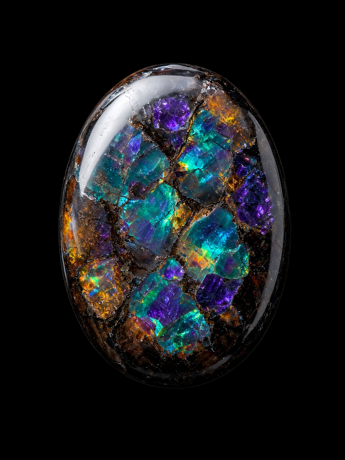 A polished boulder opal on black, the mark of OPAL BLACK